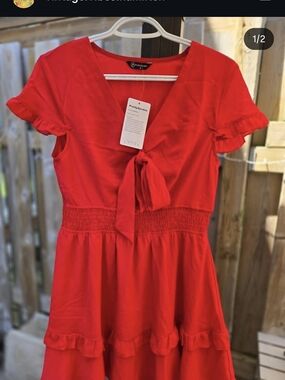 PrettyGarden Red Tie-Front Ruffle-Sleeve Dress